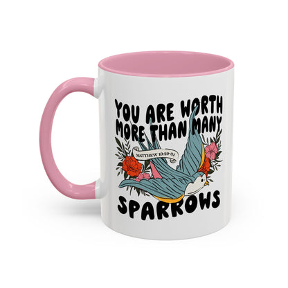 You Are Worth More Than Many Sparrows Mug — Inspirational Floral Sparrow Coffee Mug (11oz/15oz)