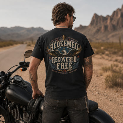 Redeemed Recovered Free pocket tee | Christian eagle wings faith design