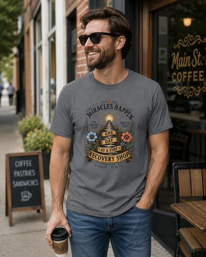 Miracles Happen Recovery Shop T-Shirt | One Day at a Time Sobriety Tee