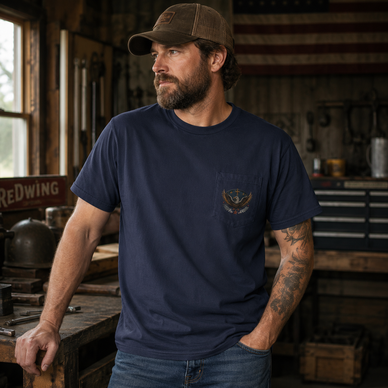 Redeemed Recovered Free pocket tee | Christian eagle wings faith design