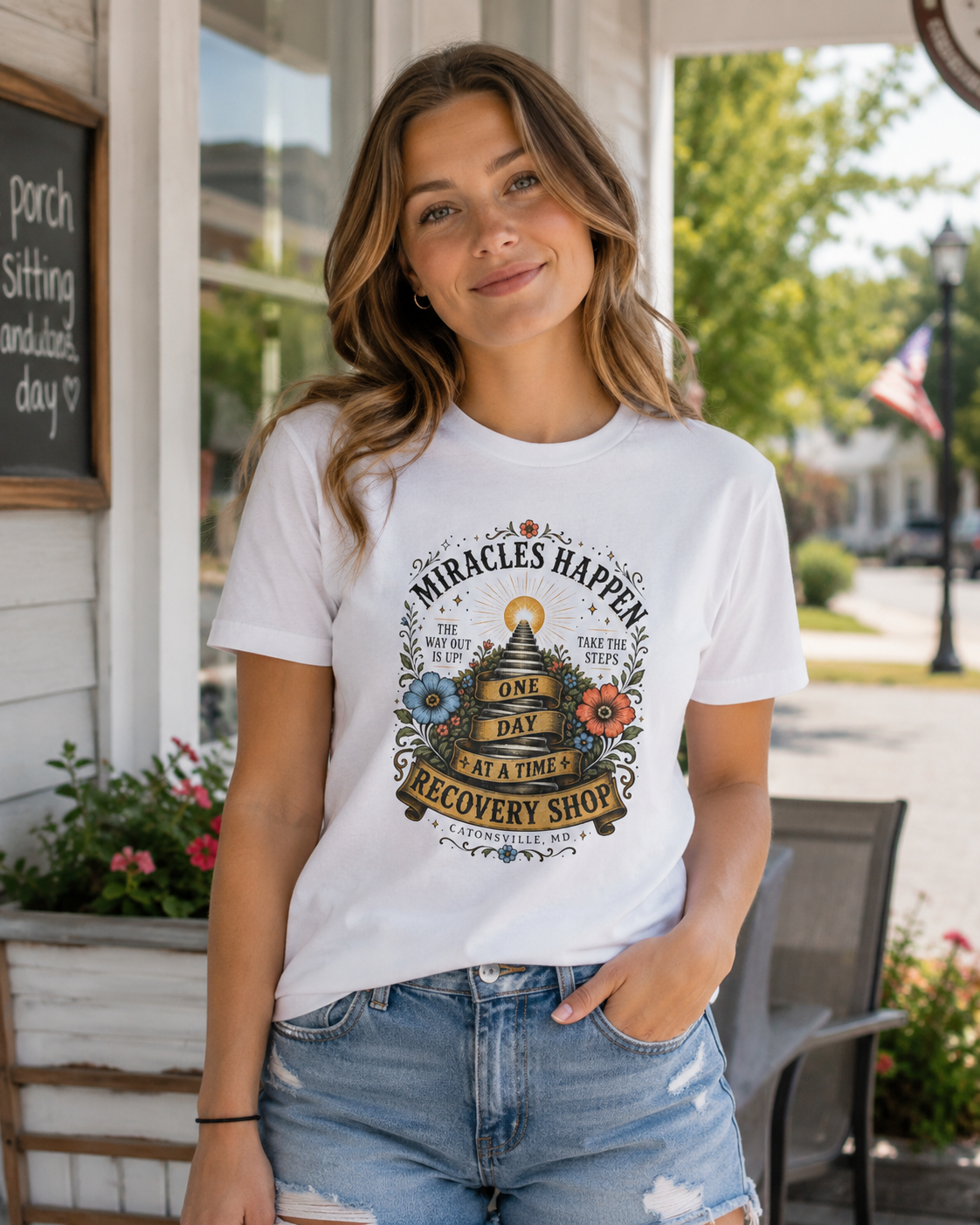 Miracles Happen Recovery Shop T-Shirt | One Day at a Time Sobriety Tee