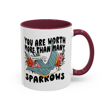 You Are Worth More Than Many Sparrows Mug — Inspirational Floral Sparrow Coffee Mug (11oz/15oz)