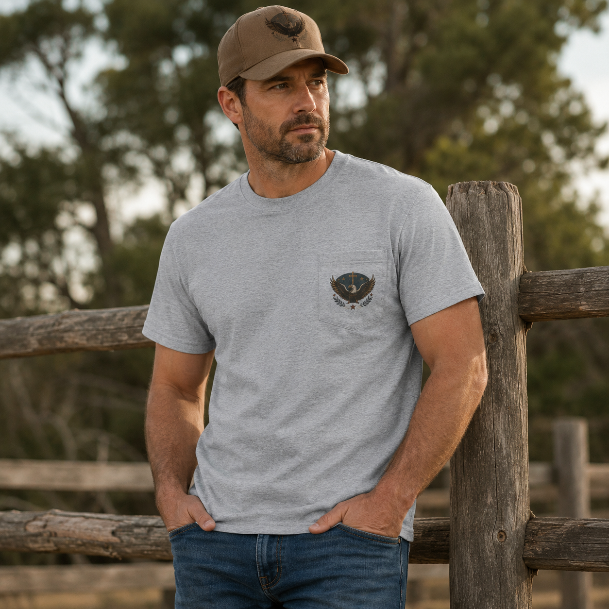 Redeemed Recovered Free pocket tee | Christian eagle wings faith design