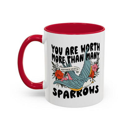 You Are Worth More Than Many Sparrows Mug — Inspirational Floral Sparrow Coffee Mug (11oz/15oz)