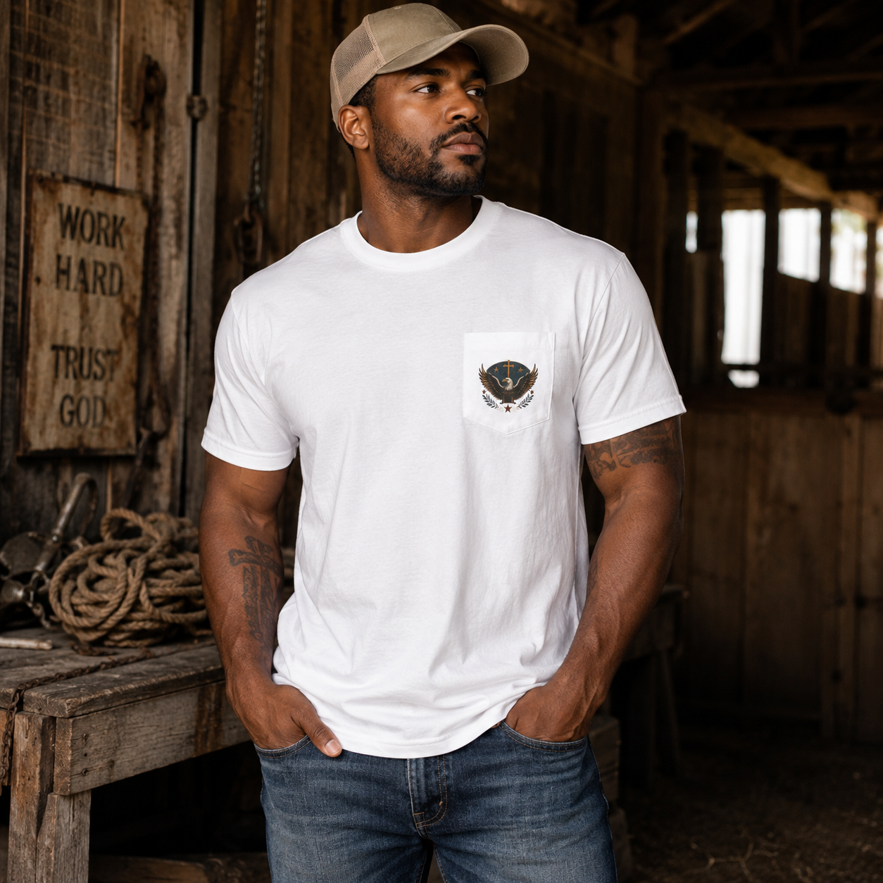 Redeemed Recovered Free pocket tee | Christian eagle wings faith design