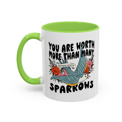 You Are Worth More Than Many Sparrows Mug — Inspirational Floral Sparrow Coffee Mug (11oz/15oz)