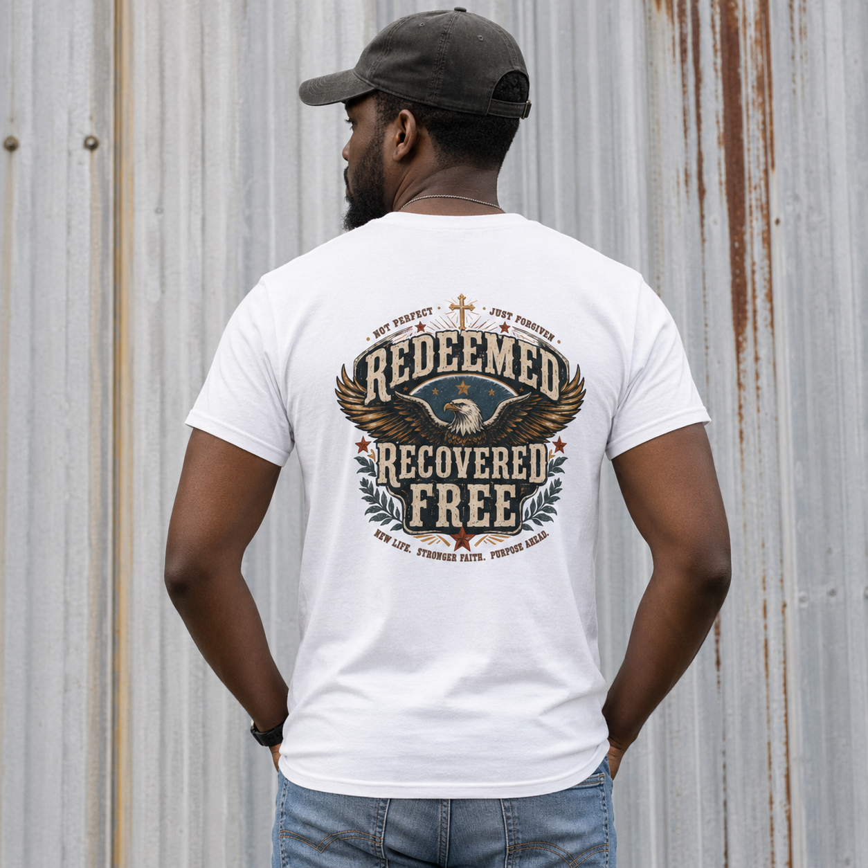 Redeemed Recovered Free pocket tee | Christian eagle wings faith design