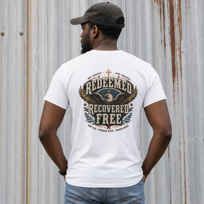 Redeemed Recovered Free pocket tee | Christian eagle wings faith design