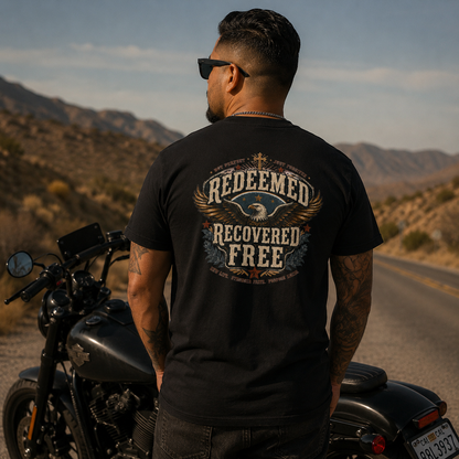 Redeemed Recovered Free pocket tee | Christian eagle wings faith design