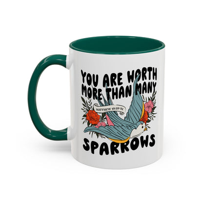 You Are Worth More Than Many Sparrows Mug — Inspirational Floral Sparrow Coffee Mug (11oz/15oz)