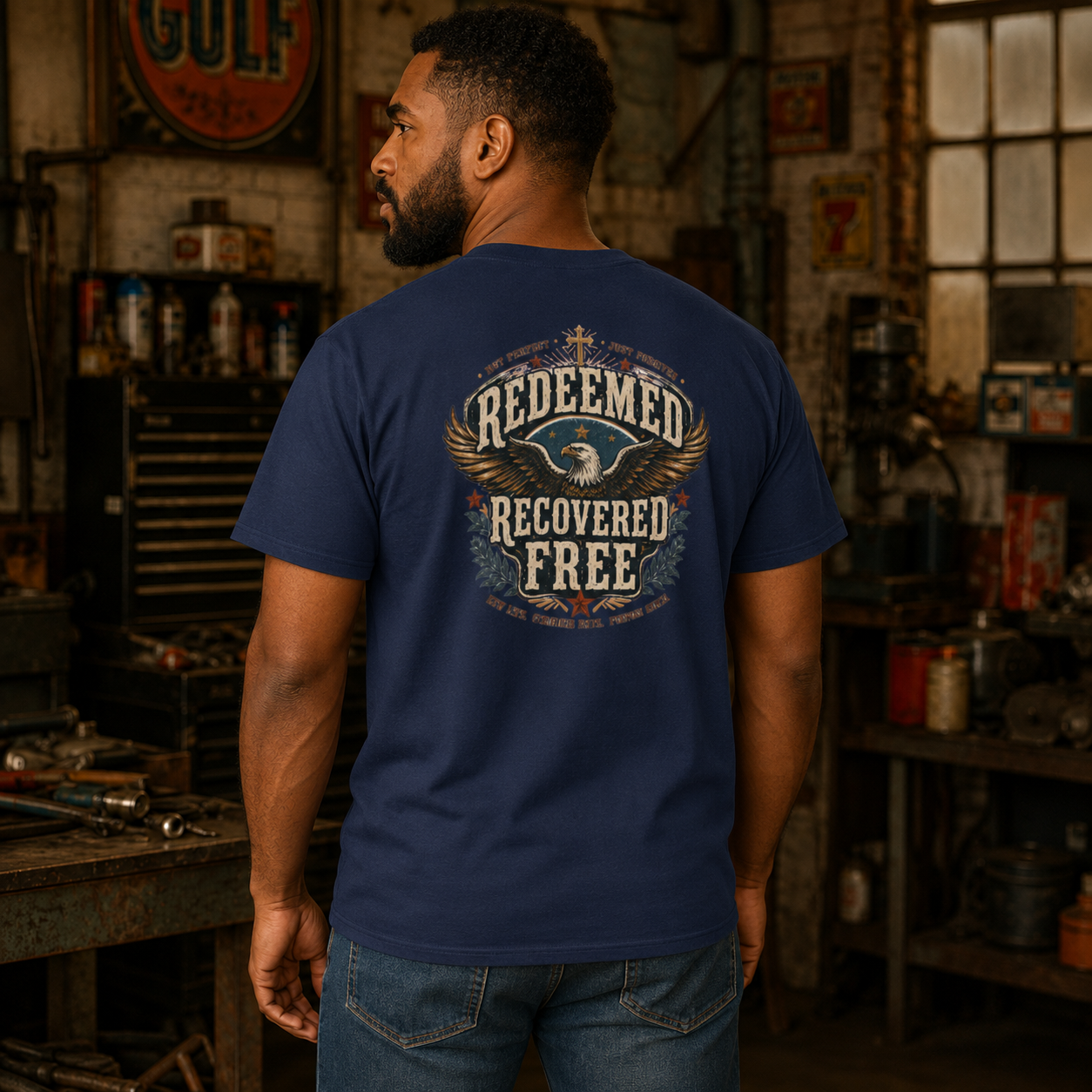 Redeemed Recovered Free pocket tee | Christian eagle wings faith design