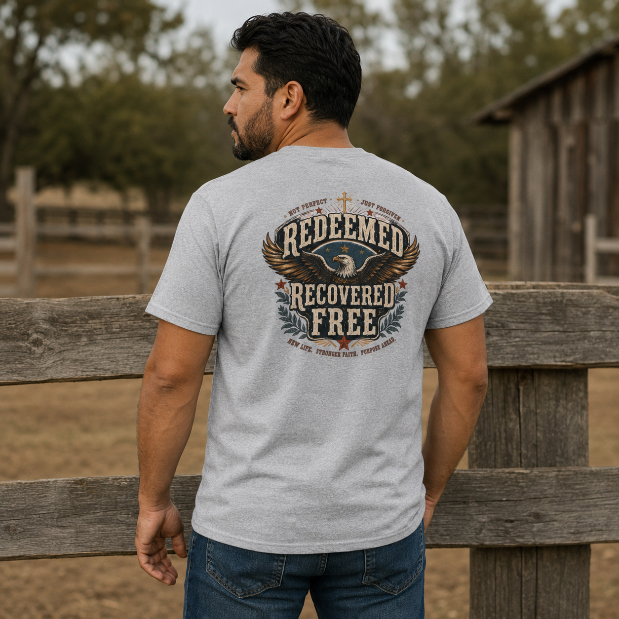 Redeemed Recovered Free pocket tee | Christian eagle wings faith design