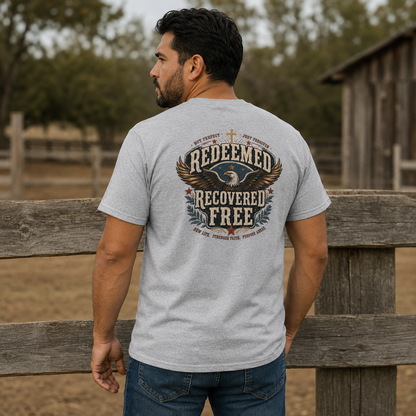 Redeemed Recovered Free pocket tee | Christian eagle wings faith design