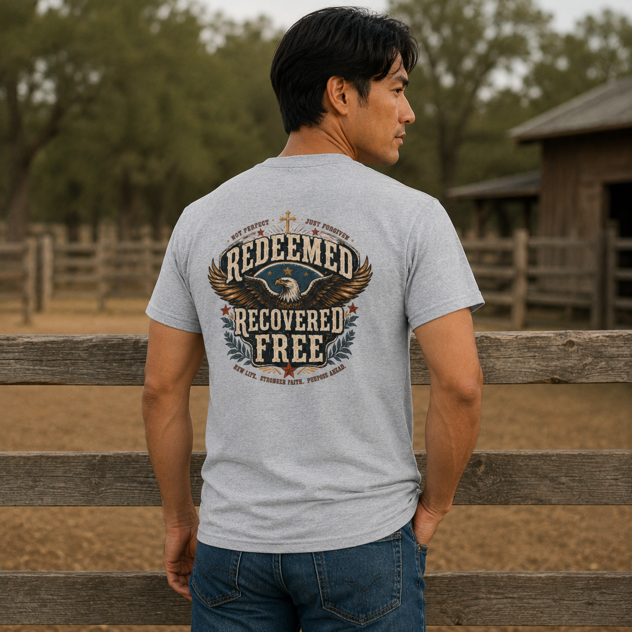 Redeemed Recovered Free pocket tee | Christian eagle wings faith design