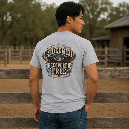 Redeemed Recovered Free pocket tee | Christian eagle wings faith design