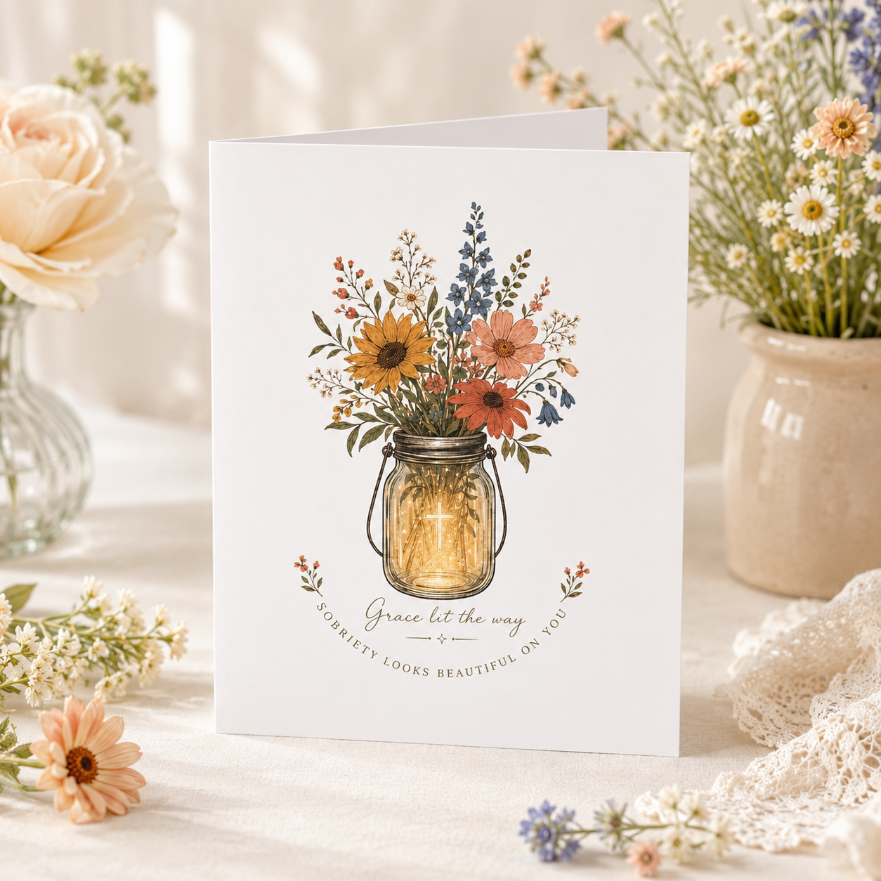 A white greeting card featuring a watercolor illustration of a glass jar filled with sunflowers, daisies, and blue flowers, with the text 'Grace let the way' and 'HONESTY LOOKS BEAUTIFUL ANY WAY'. The card is styled on a light fabric surface with soft-focus floral props in the background.