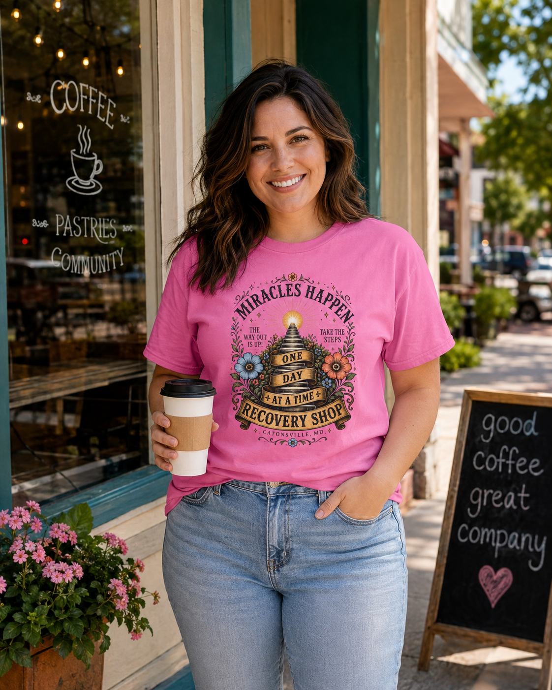 Miracles Happen Recovery Shop T-Shirt | One Day at a Time Sobriety Tee