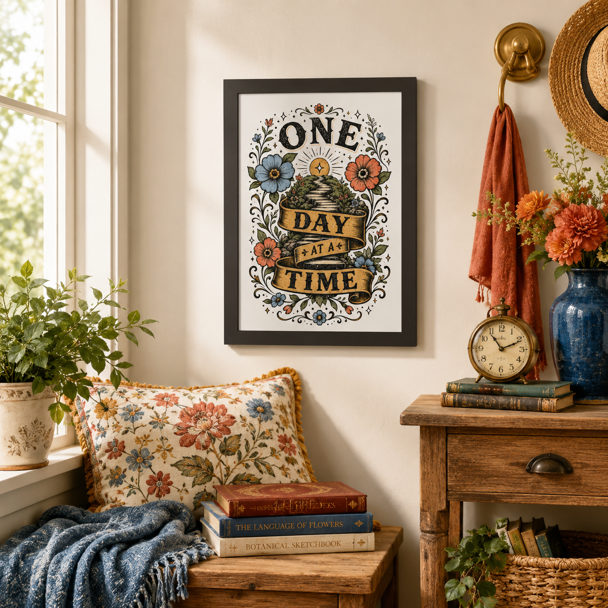A framed wall art print with the words “ONE DAY AT A TIME” in decorative typography, surrounded by floral illustrations, displayed in a styled room setting next to a window, pillow, books, and a side table.