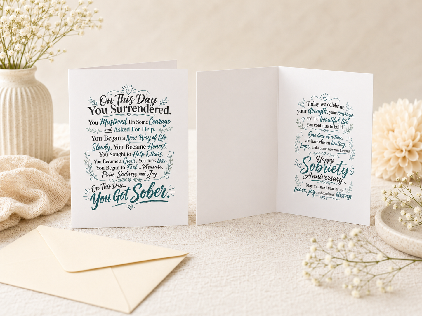 A sobriety/sober day greeting card set displayed in a styled home setting. The set includes a folded card on the left reading 'On This Day You Surrendered' and an open card on the right showing the inside with 'Happy Sobriety Anniversary' text, alongside a cream envelope and decorative dried flowers in a vase.