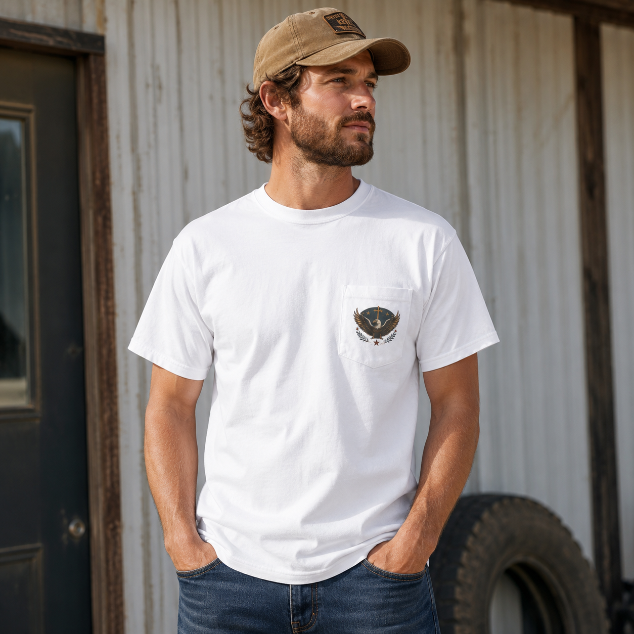 Redeemed Recovered Free pocket tee | Christian eagle wings faith design