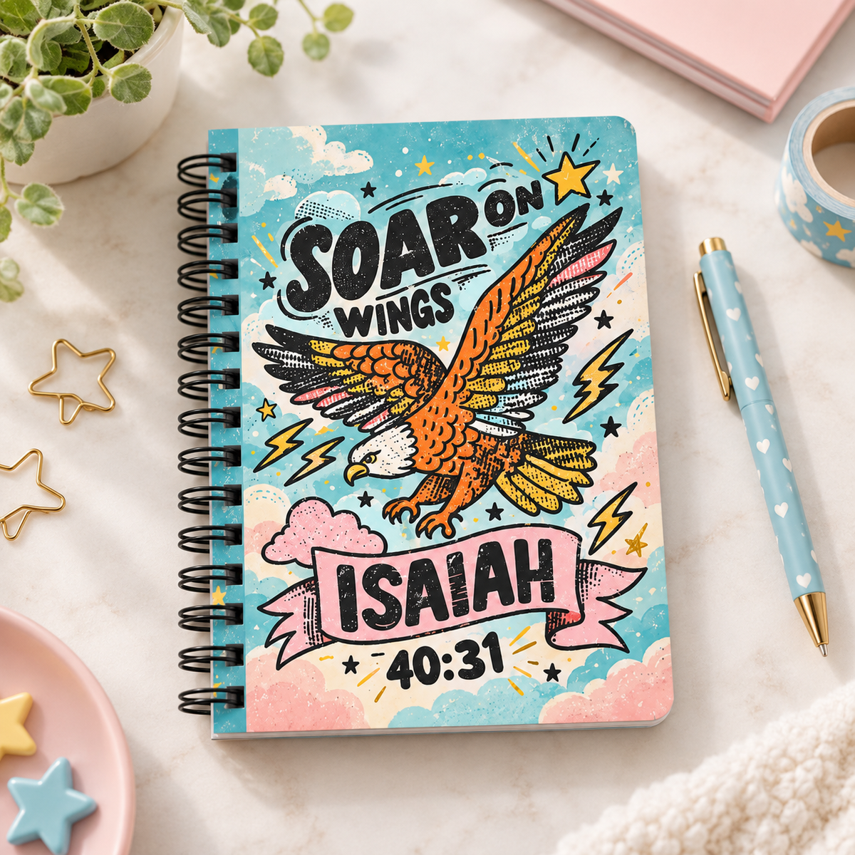 A spiral-bound notebook with a colorful illustrated cover featuring an eagle, clouds, stars, and the text 'Soar on Wings Isaiah 40:31,' styled on a light marble surface with a pen, plant, and pastel props.