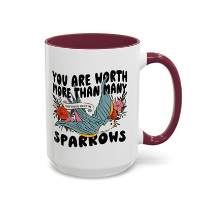 You Are Worth More Than Many Sparrows Mug — Inspirational Floral Sparrow Coffee Mug (11oz/15oz)