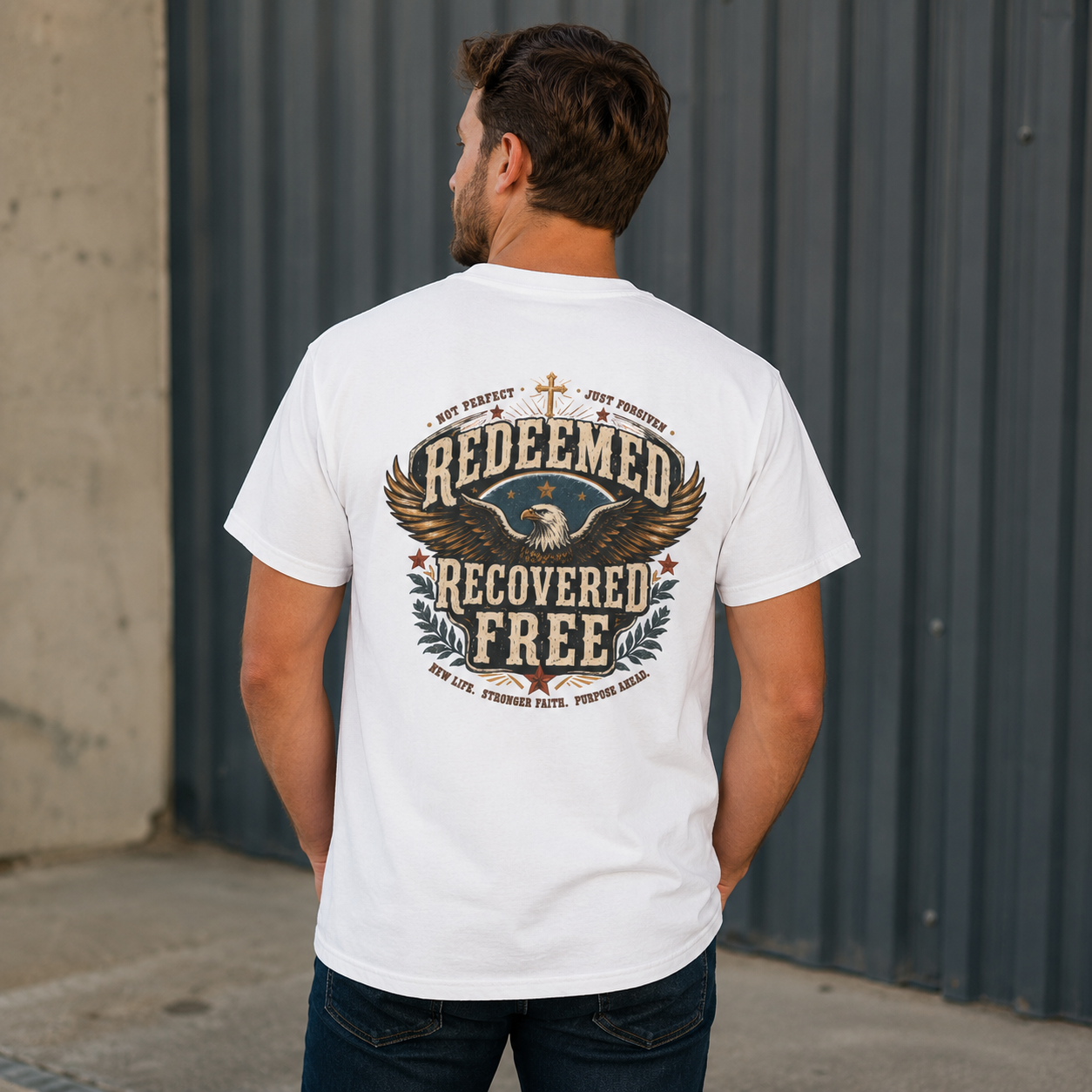 Redeemed Recovered Free pocket tee | Christian eagle wings faith design