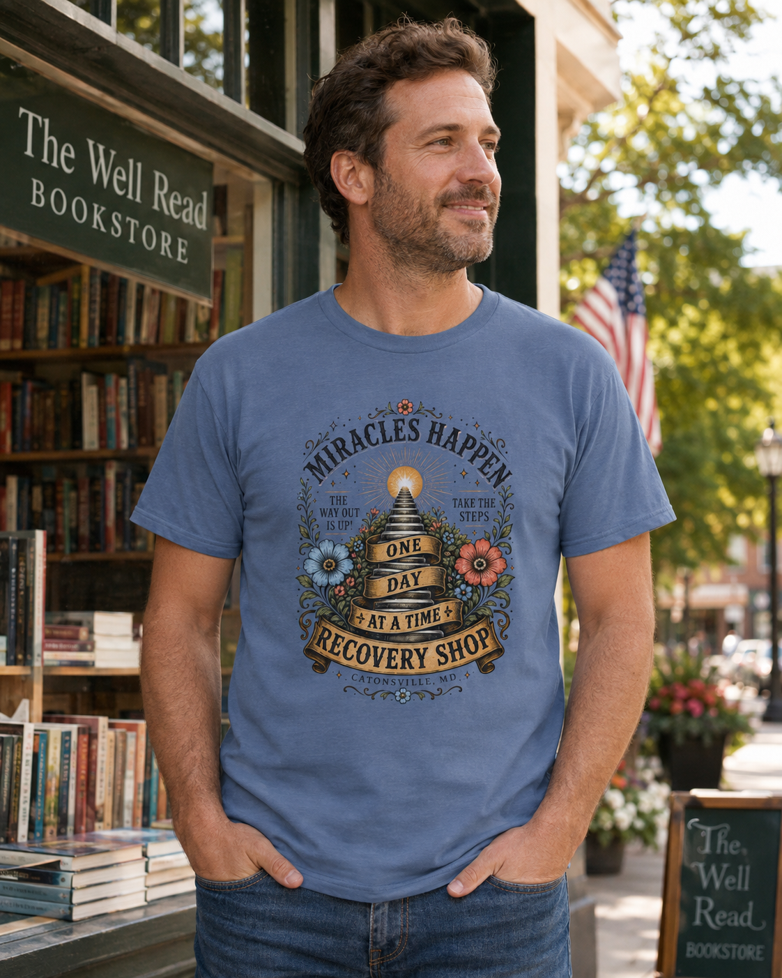 Miracles Happen Recovery Shop T-Shirt | One Day at a Time Sobriety Tee