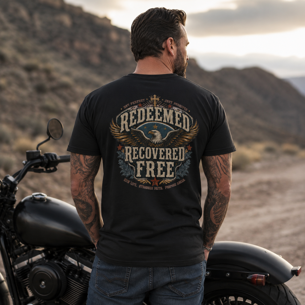 Redeemed Recovered Free pocket tee | Christian eagle wings faith design