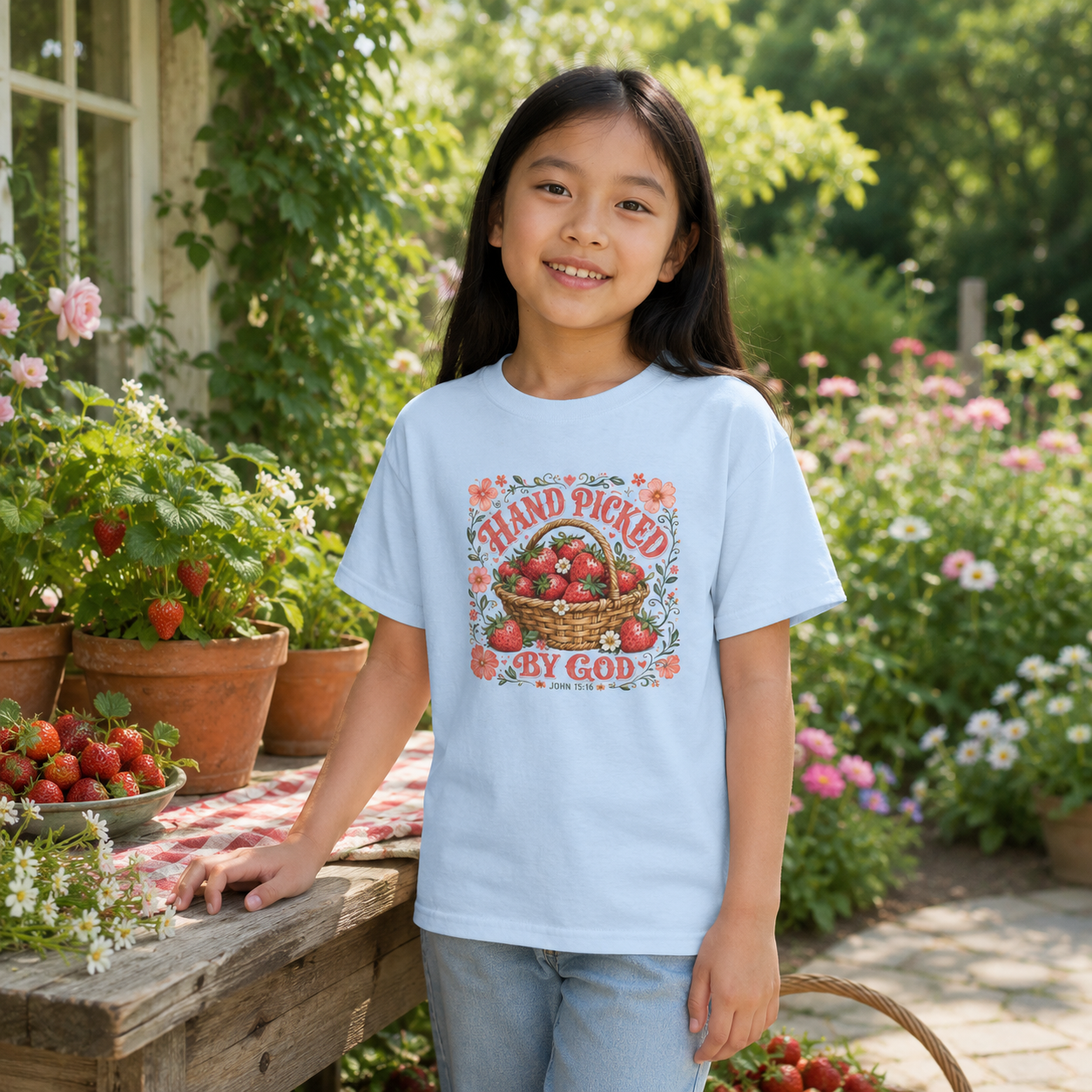 Hand Picked By God Kids T-Shirt | John 15:16 Strawberry Christian Tee