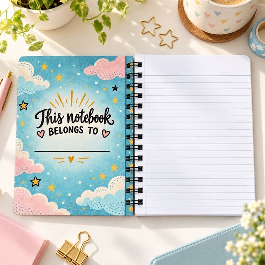 A spiral-bound notebook with a pastel blue cover decorated with clouds, stars, and the text 'This notebook BELONGS TO' is shown open on a white desk. The right page is lined and blank.