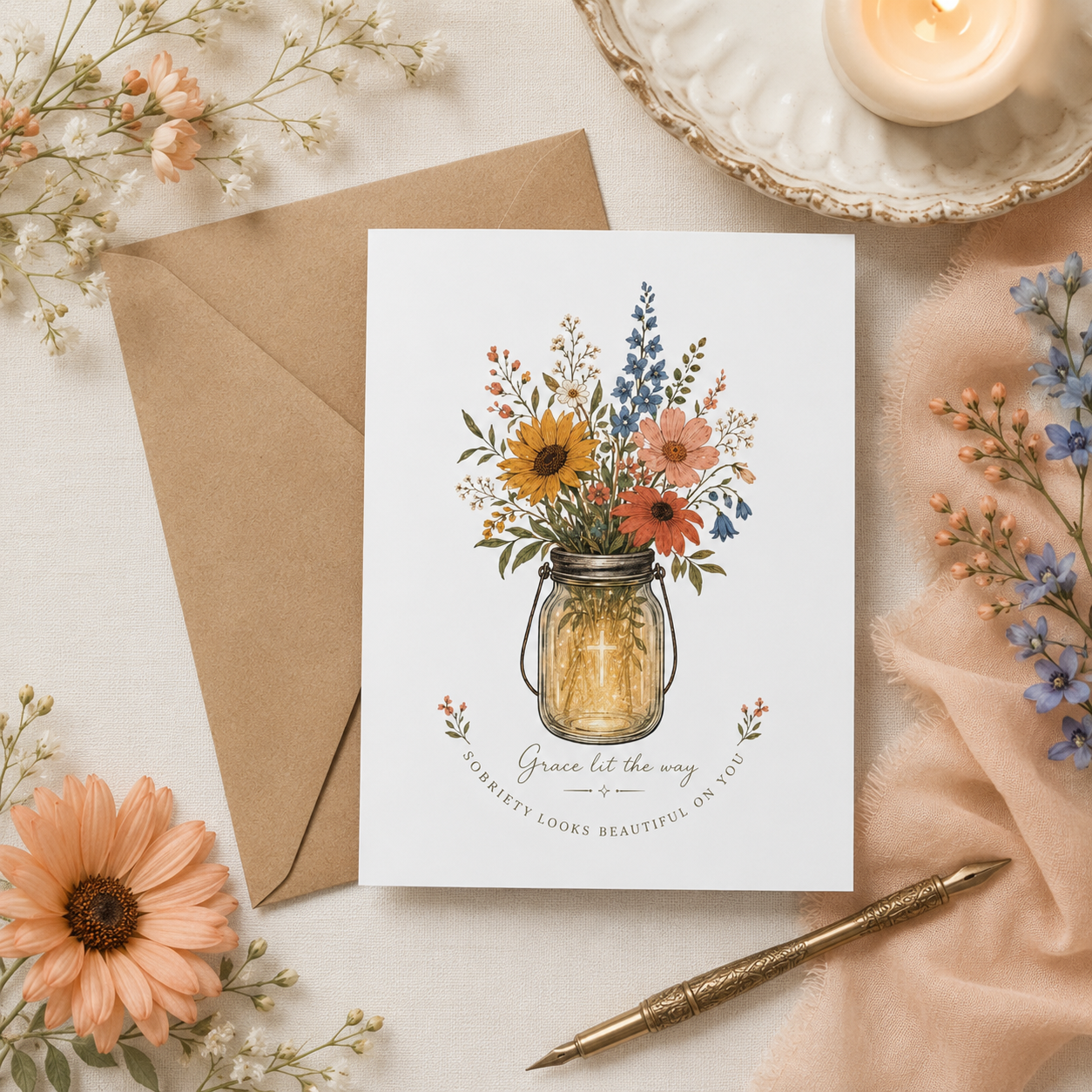 Grace Let Me Floral Mason Jar Greeting Card