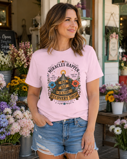 Miracles Happen Recovery Shop T-Shirt | One Day at a Time Sobriety Tee