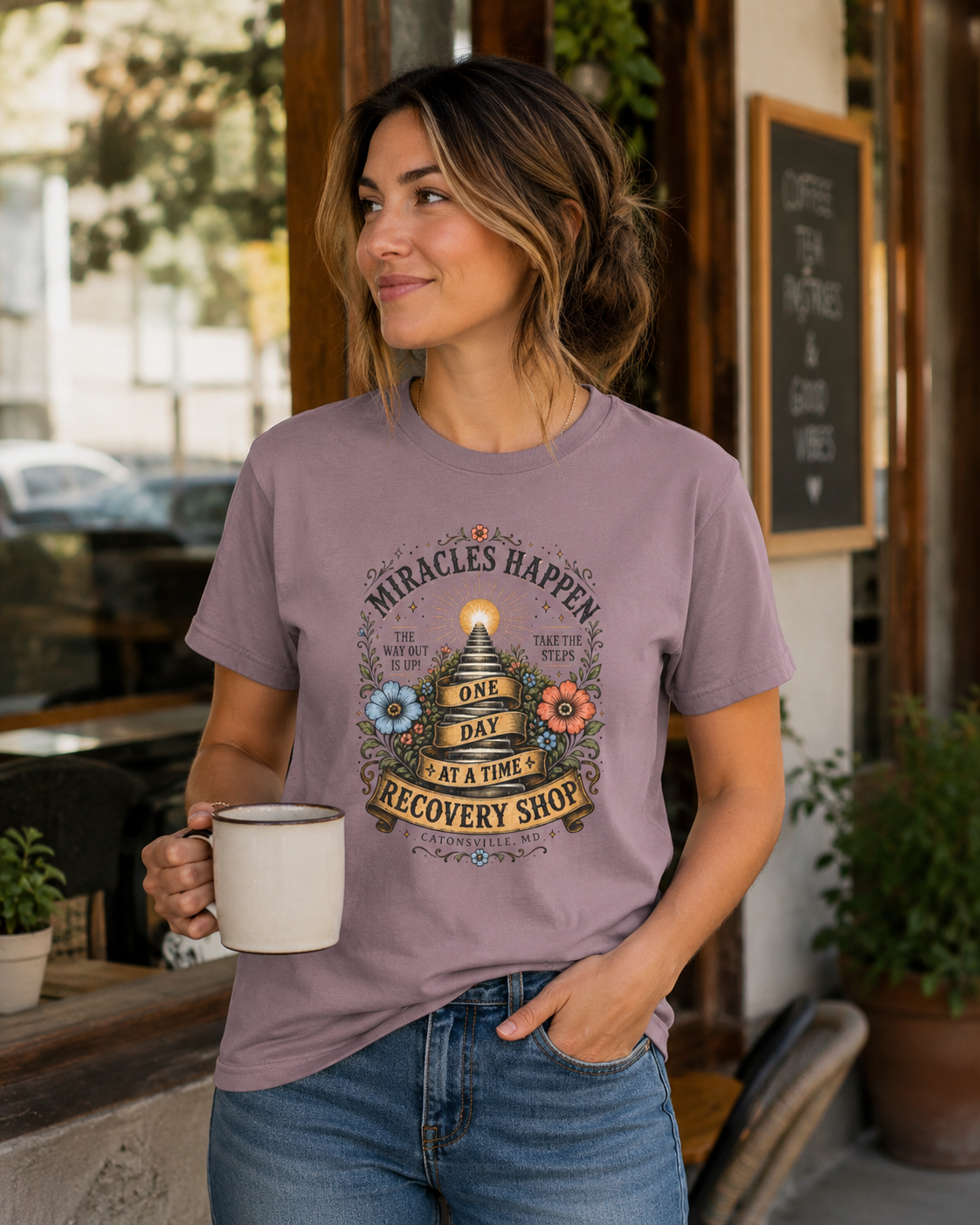 Miracles Happen Recovery Shop T-Shirt | One Day at a Time Sobriety Tee