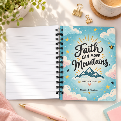 An open spiral-bound notebook lies on a light tabletop, showing a lined left page and a decorated right page with the phrase “Faith Can Move Mountains,” a mountain illustration, stars, clouds, and the Bible verse Matthew 17:20. A pink pen, plant leaves, gold binder clips, a cup, and pastel stationery surround it in a styled flat-lay.