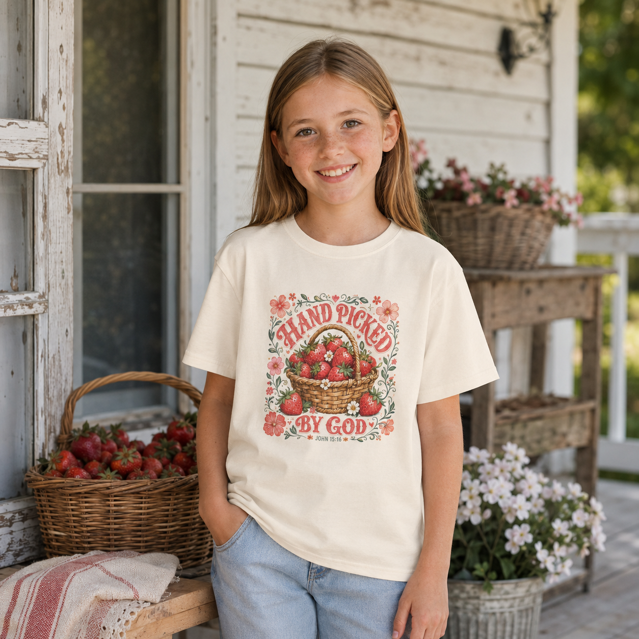 Hand Picked By God Kids T-Shirt | John 15:16 Strawberry Christian Tee