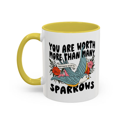 You Are Worth More Than Many Sparrows Mug — Inspirational Floral Sparrow Coffee Mug (11oz/15oz)