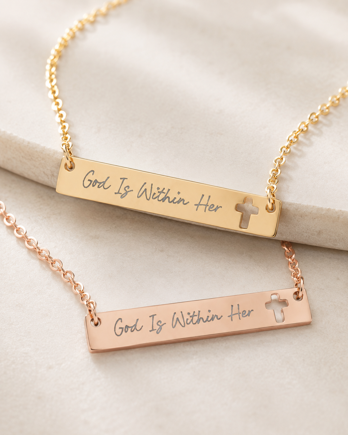 God Is Within Her Necklace | Engraved Faith Bar Necklace