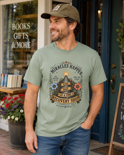 Miracles Happen Recovery Shop T-Shirt | One Day at a Time Sobriety Tee