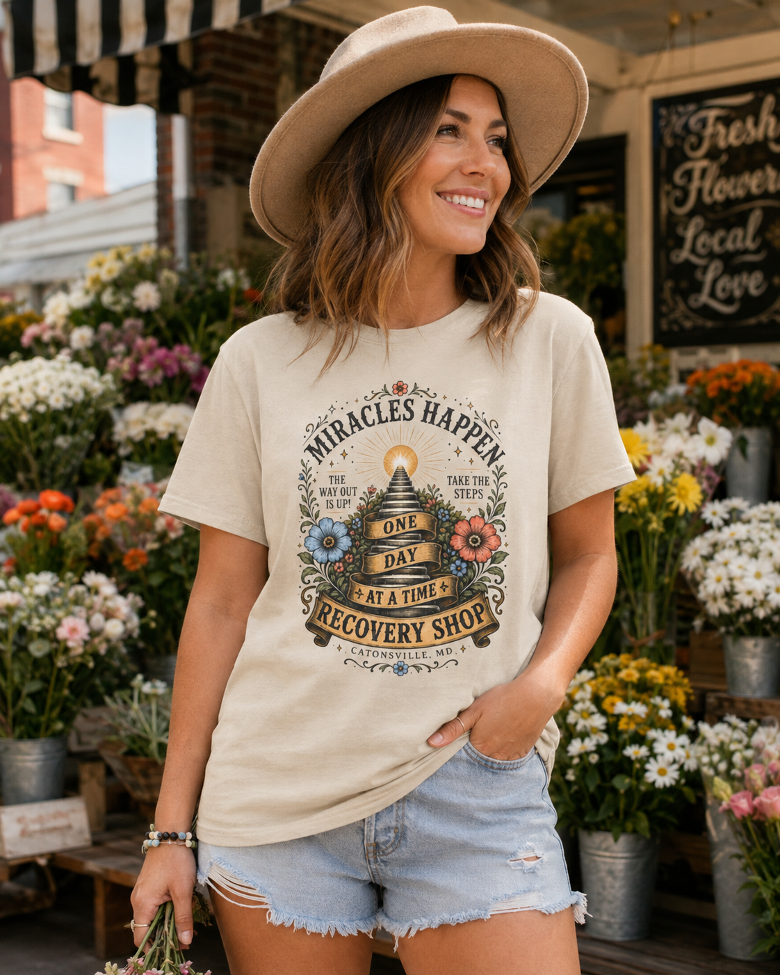 A woman wearing a beige wide-brim hat and a cream-colored graphic t-shirt stands in a flower shop. The t-shirt features a vintage-style graphic with the text 'Miracles Happen One Day At A Time Recovery Shop' and an illustration of a pharmacy counter with flowers.