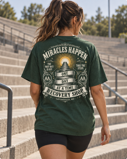 Original Miracles Happen Recovery Shop Throwback Tee