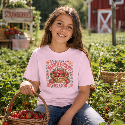 Hand Picked By God Kids T-Shirt | John 15:16 Strawberry Christian Tee