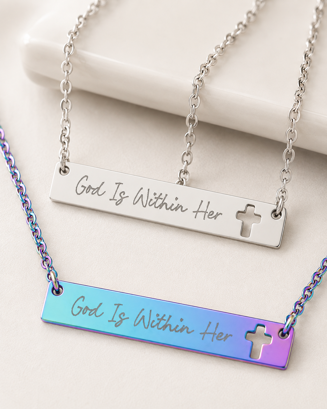 God Is Within Her Necklace | Engraved Faith Bar Necklace