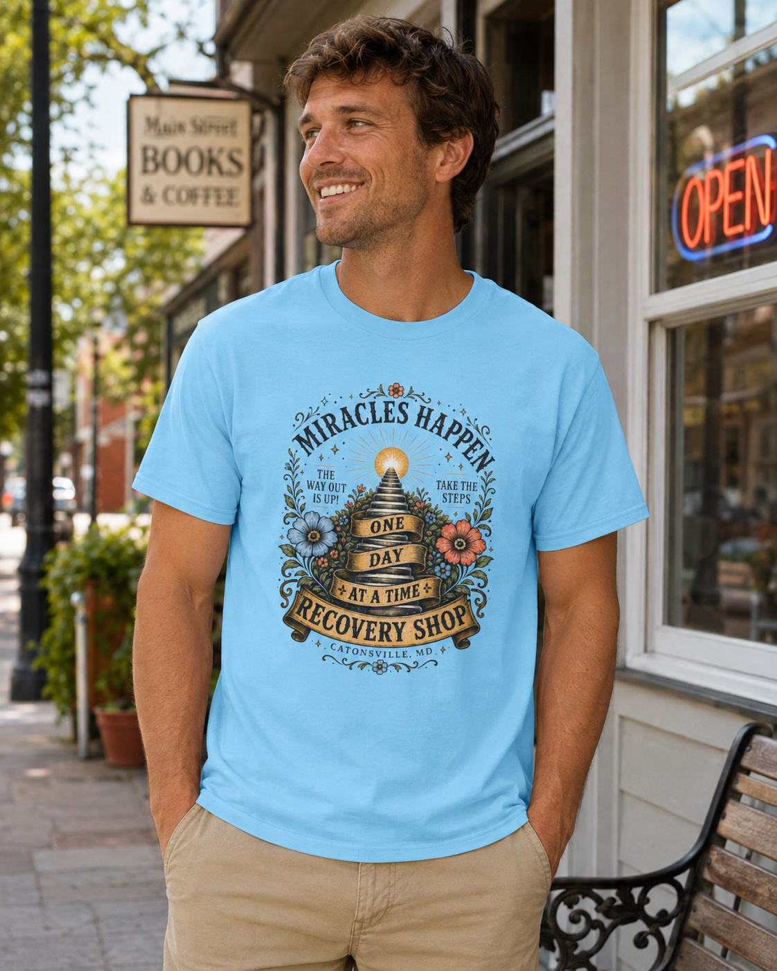 Miracles Happen Recovery Shop T-Shirt | One Day at a Time Sobriety Tee