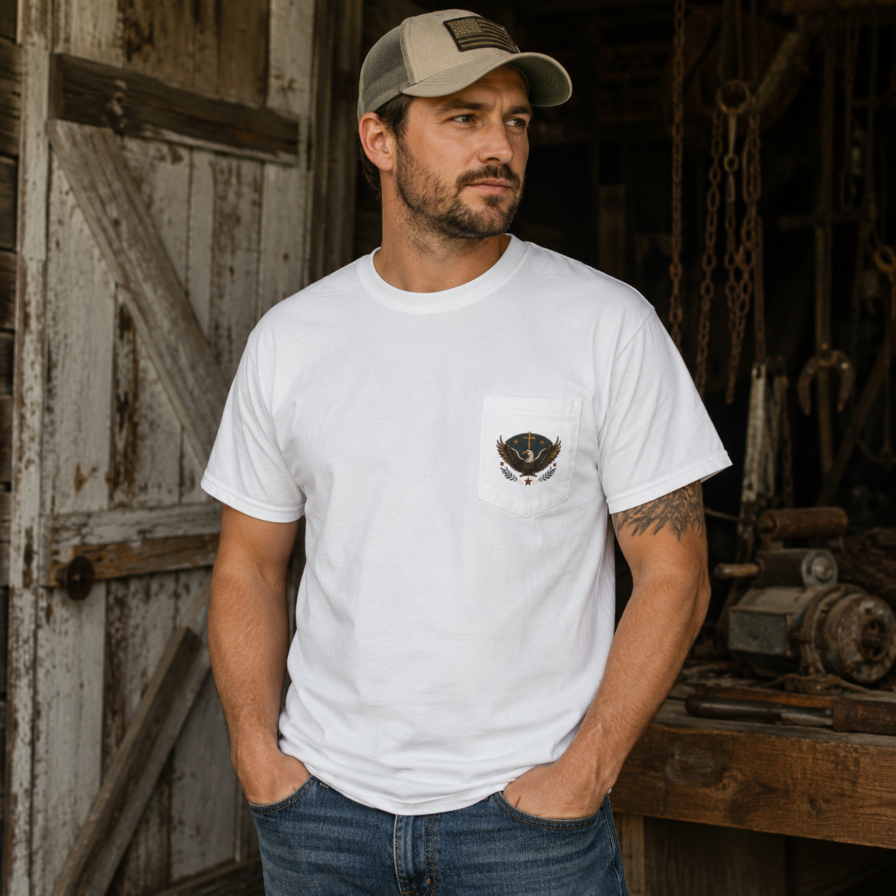 Redeemed Recovered Free pocket tee | Christian eagle wings faith design