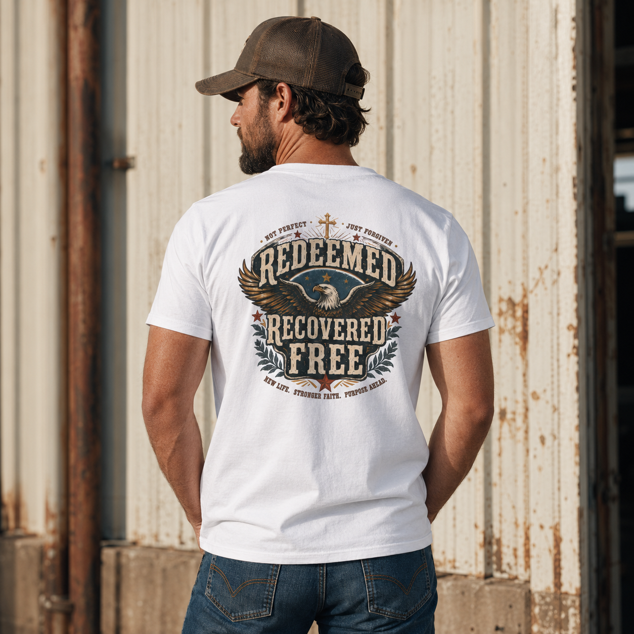 Redeemed Recovered Free pocket tee | Christian eagle wings faith design