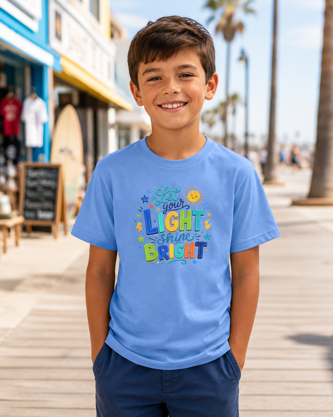 A smiling young boy wearing a light blue graphic t-shirt with the colorful text 'Let your LIGHT shine BRIGHT' and navy blue pants, standing on a sunny boardwalk.