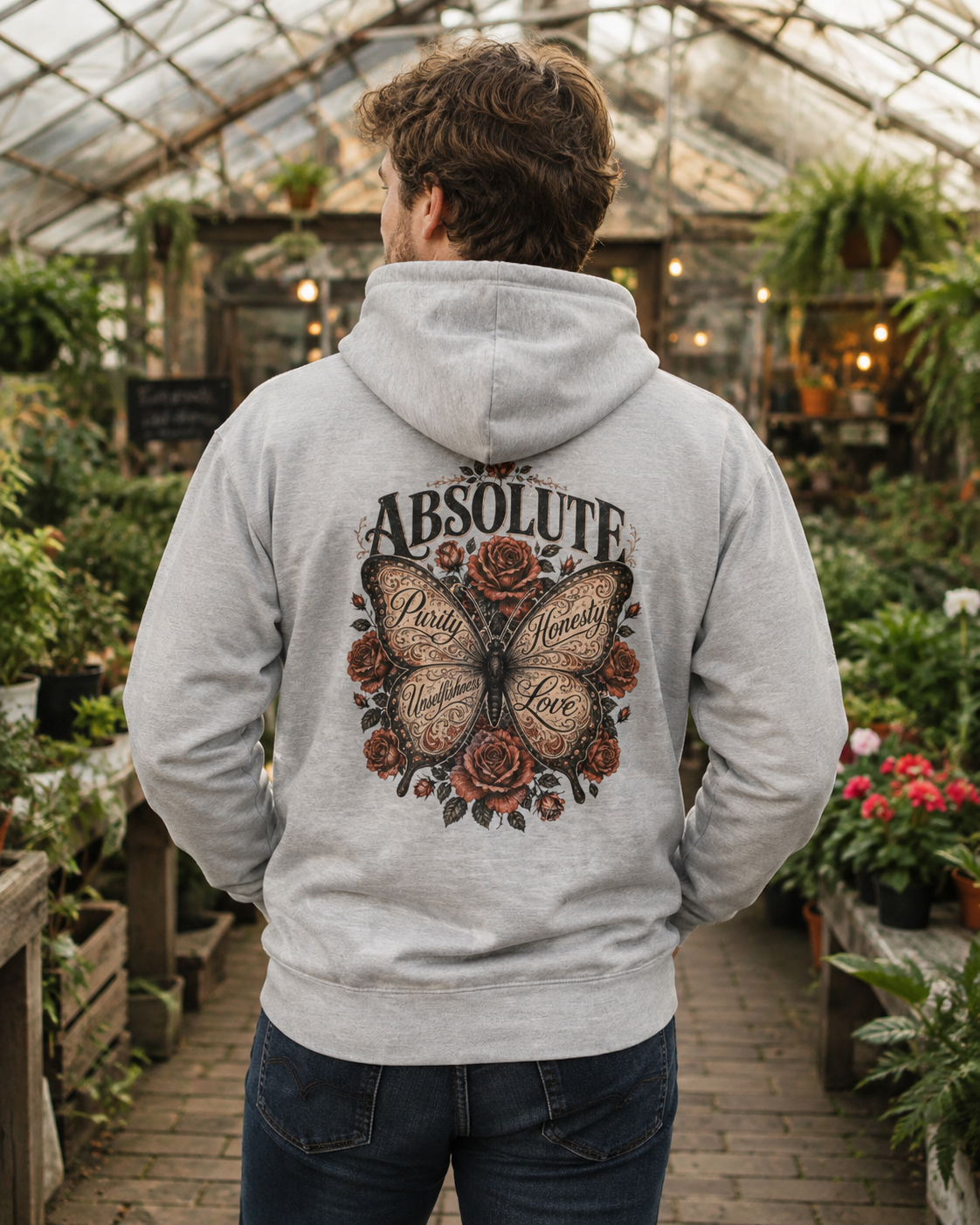 A man viewed from behind wearing a light gray hoodie with a large graphic on the back featuring a butterfly and roses with the text 'ABSOLUTE Peace Absolute Hope', standing in a greenhouse.