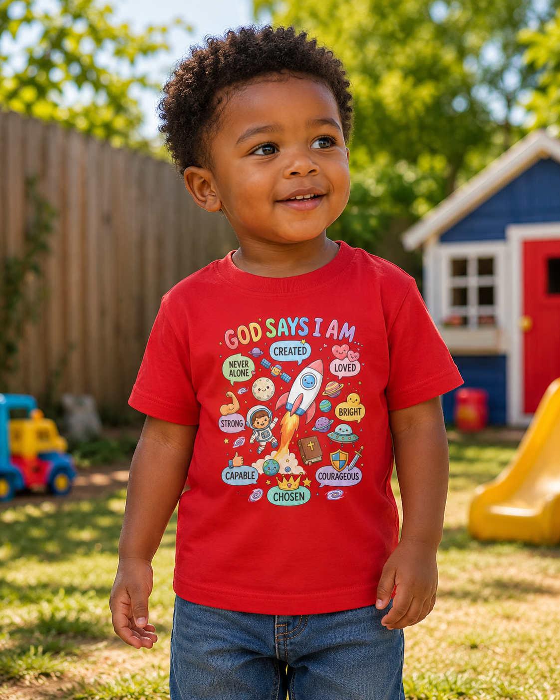 A young child wearing a bright red graphic t-shirt with a colorful space-themed print and text, standing in a backyard with a wooden fence, playhouse, and grass visible.