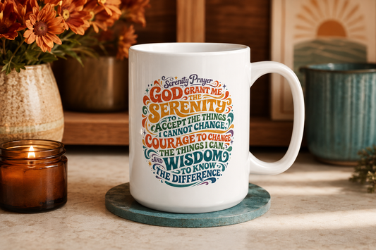 A white ceramic coffee mug with a colorful, decorative typographic religious quote printed on the side, sitting on a teal coaster on a tabletop with a lit candle and autumn flowers in the background.
